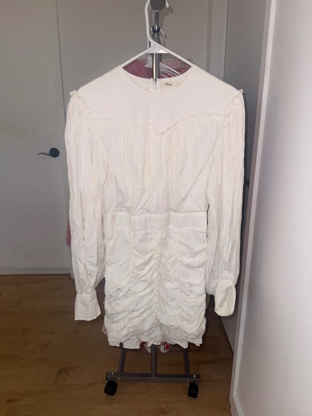 White Long Sleeve Ruched Ruffle Mini Cocktail Dress